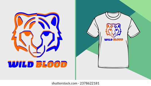 Ilustración Diseño de una cabeza de tigre en la sombra de dos colores, sangre salvaje en amarillo y azul