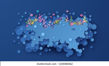 Illustration design of the undersea world. Creative a beautiful undersea scene. paper cut and craft style. vector, illustration.