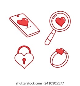 illustration design of valentine element. cell phone, magnifying glass, love padlock and beautiful ring