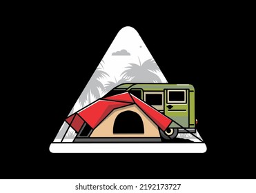 Illustration design of a van car and camping tent