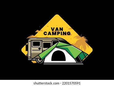 Illustration design of a van car and camping tent