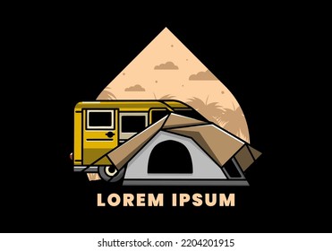 Illustration design of a van car and camping tent