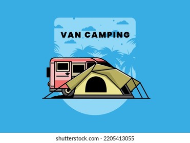 Illustration design of a van car and camping tent