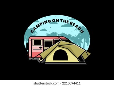 Illustration design of a van car and camping tent