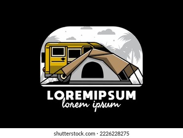 Illustration design of a van car and camping tent