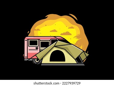 Illustration design of a van car and camping tent