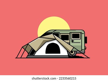 Illustration design of a van car and camping tent