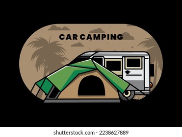 Illustration design of a van car and camping tent