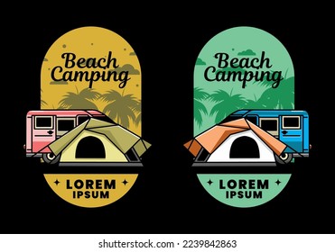Illustration design of a van car and camping tent