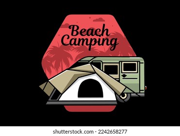 Illustration design of a van car and camping tent