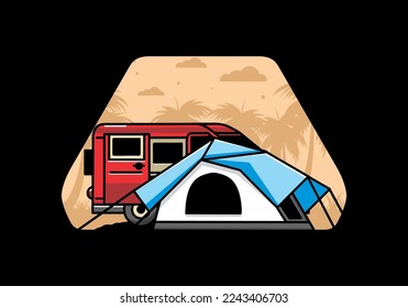 Illustration design of a van car and camping tent