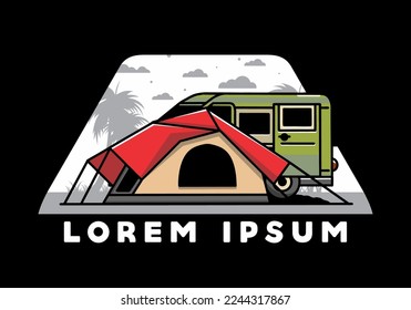 Illustration design of a van car and camping tent