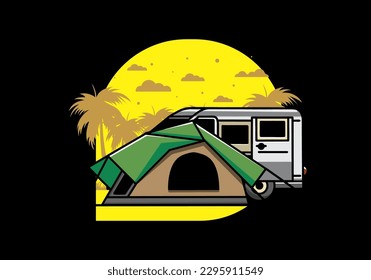 Illustration design of a van car and camping tent