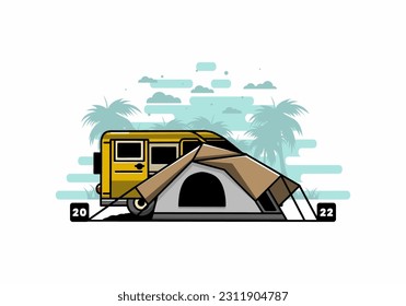 Illustration design of a van car and camping tent