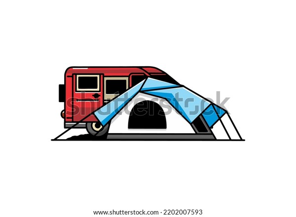 Illustration design\
of a van car and camping\
tent