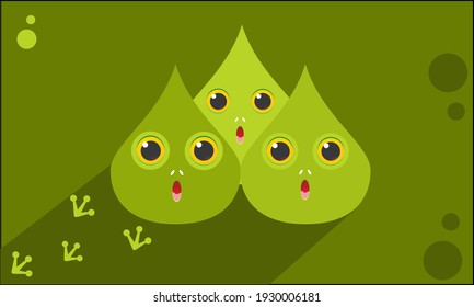 Illustration design vector cartoon shape of three cute green baby frogs on green isolation background with frog footprints ornament