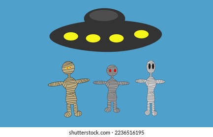 Illustration design vector of UFO and Mummy. Fit for Cartoon book, Clip art, Icon, Flash card, Background, Wallpaper, etc.