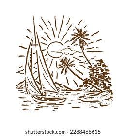 Illustration of a design with a view of a sailing ship on the beach with good vibes and vintage style