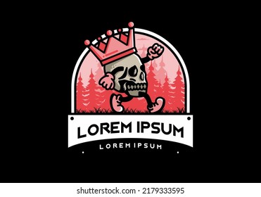 Illustration design of a Walking skull wearing a big crown