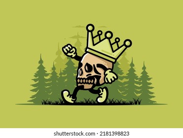 Illustration design of a Walking skull wearing a big crown