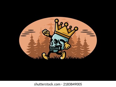 Illustration design of a Walking skull wearing a big crown