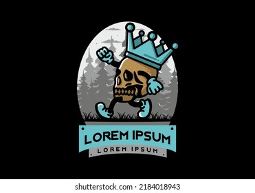 Illustration design of a Walking skull wearing a big crown