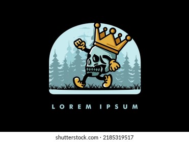 Illustration design of a Walking skull wearing a big crown