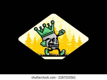 Illustration design of a Walking skull wearing a big crown