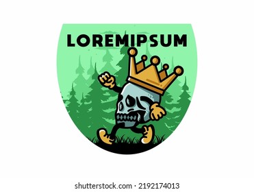 Illustration design of a Walking skull wearing a big crown