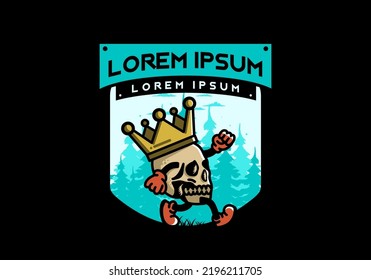 Illustration design of a Walking skull wearing a big crown
