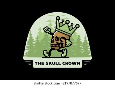 Illustration design of a Walking skull wearing a big crown