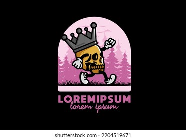 Illustration design of a Walking skull wearing a big crown