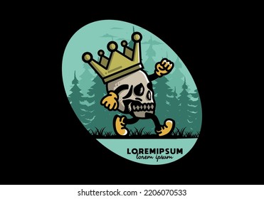 Illustration design of a Walking skull wearing a big crown