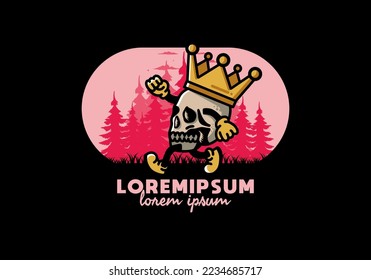 Illustration design of a Walking skull wearing a big crown