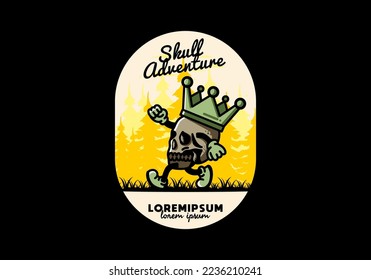 Illustration design of a Walking skull wearing a big crown