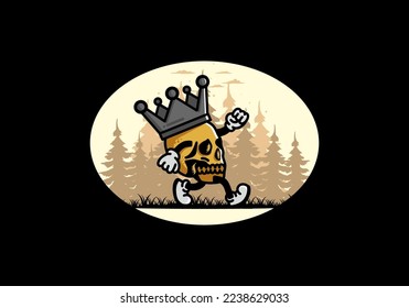 Illustration design of a Walking skull wearing a big crown