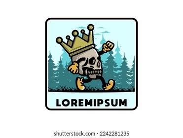 Illustration design of a Walking skull wearing a big crown