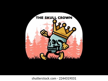 Illustration design of a Walking skull wearing a big crown