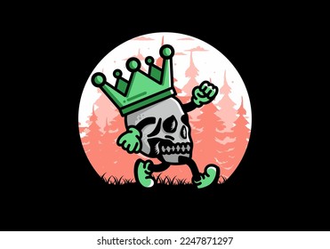 Illustration design of a Walking skull wearing a big crown