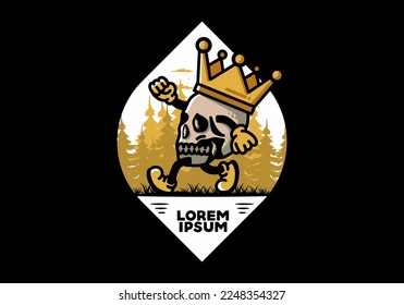 Illustration design of a Walking skull wearing a big crown