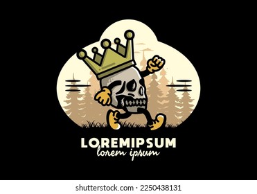 Illustration design of a Walking skull wearing a big crown