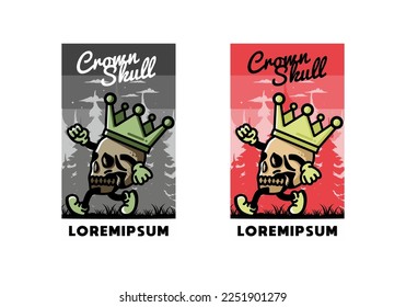 Illustration design of a Walking skull wearing a big crown