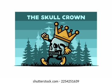 Illustration design of a Walking skull wearing a big crown