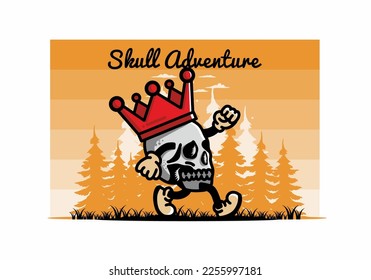 Illustration design of a Walking skull wearing a big crown