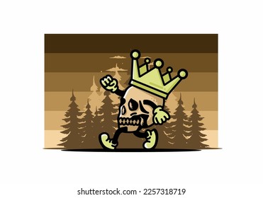 Illustration design of a Walking skull wearing a big crown