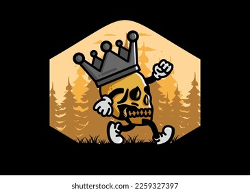 Illustration design of a Walking skull wearing a big crown