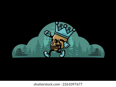 Illustration design of a Walking skull wearing a big crown