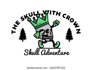 Illustration design of a Walking skull wearing a big crown