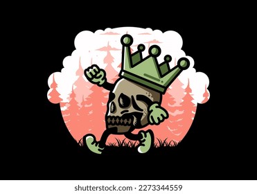 Illustration design of a Walking skull wearing a big crown