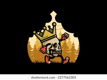 Illustration design of a Walking skull wearing a big crown